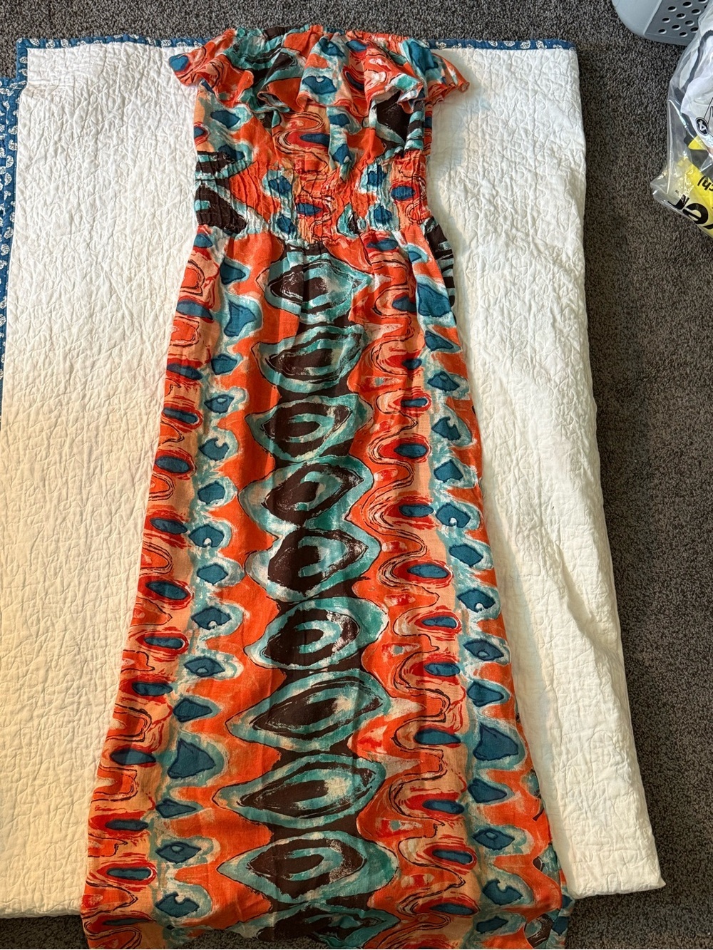 Chesley Strapless Maxi Dress in Orange and Teal Abstract Print - Picture 2 of 9